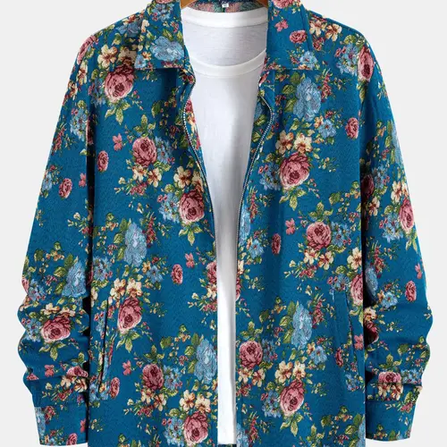Men's Floral Print Button Zipper Loose Fit Jacket, Zip Up Jackets, Loose Casual Long Sleeve Collared Outerwear for Fall & Winter, Zip Up Coats, Men's Clothes for Daily Wear, Casual Fashion Jacket, Casual Outerwears