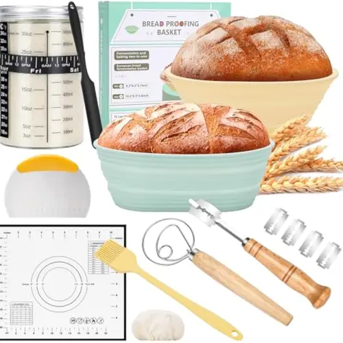 Beginner-Friendly Sourdough Starter Kit for Easy Baking, 34oz Glass Kitchenware Jar, 2 Proofing Baskets, Dough Whisk, Scrapers, Bread Lame, Stencils & Bakeware Utensils (Includes 24PCS Baking Supplies, Instructions)