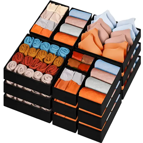 Criusia 15-Pack Fabric Closet Drawer Organizer - Collapsible Clothing Storage Organizer for Nursery, Bathroom - Sock, Baby Clothes Dividers, Perfume Container, Dresser Storage Bins (Black)