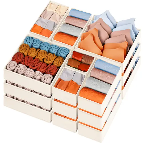 Criusia 15-Pack Divided Beige Fabric Bins (11"x5.5"x5") - Multifunctional Storage Bin, Clothes Organizer, Organizer Storage for Wardrobe Dorm Room, College Dorm Shopping | Holds Socks, Underwear, Bras | Summer Sale