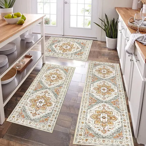 [Clearance] HEBE 3-Piece Washable Farmhouse Boho Soft Rugs Set - Non-Slip, Wrinkle-Resistant, Flatweave Area Rugs with Decorative Bohemian Style for Kitchen, Hallways, Laundry, Machine Washable Rugs