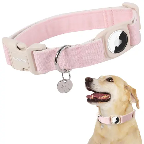 [AirTag Not Included]DOGWONG Cotton Hemp Dog Collar - Heavy-Duty Dog Accessories with Airtag Holder for Small to Large Dogs Leash