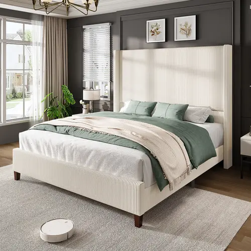 AMERLIFE 62" Corduroy Upholstered Bed Frame, Luxurious Platform Bed with Extra Tall Wingback Headboard and Vertical Stripe[tiktokshopbacktoschool][SohoChic]
