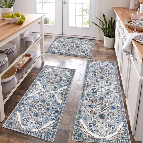 [Back to School] HEBE 3-Piece Washable Polyester Farmhouse Boho Kitchen Rugs Set, Non-Slip Decorative Rug Mat, Wrinkle Resistant Runner for Kitchen, Hallways, Laundry (House Decor Essential)