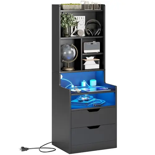 Sikaic Tall Modern LED Nightstand with RGB LED Lights, Button/App Control, Built-in Charging Ports, Multi-Layer Storage Drawers, Cabinet & Bookshelf - Side Tables Bedroom for Indoor Furniture