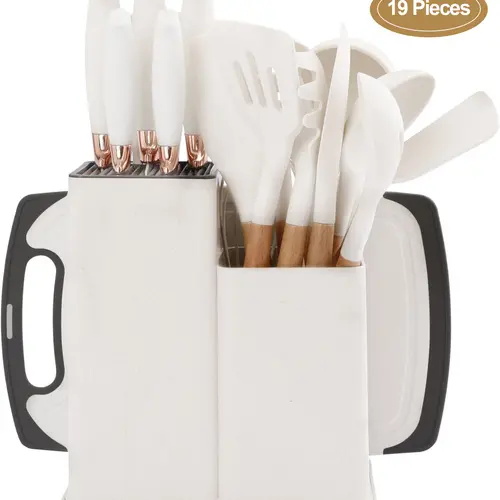 Silicone Cooking Set, 19pcs Large Non-stick, Measuring Cups and Spoons Set with Stainless Steel  Kitchen Gadgets. Self-Sharpening Dual Knife Set  knife  set Mystery Box of Kitchen Knives oknife Kitchen Knife Set Knife Block Set Utensils Spatula Handle