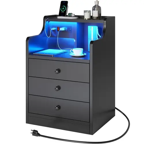 SIKAIC Smart LED Nightstand with Charging Station - Modern Furniture, LED Bedside Table with Hutch, Drawers & Bedroom Storage Cabinet,dorm essentials,home decor