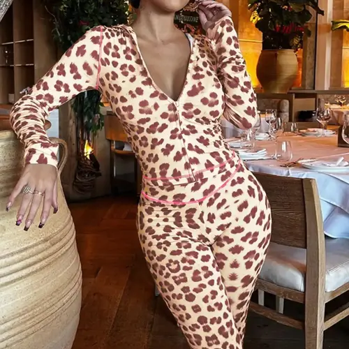 Women's Solid Color / Leopard Print Zip Up Fitted Crop Hoodie & Pants Two-piece Set Outfit, Two Pieces Sets, Casual Style Long Sleeve Hooded Top & Straight Leg Trousers for Fall & Winter, Women's Clothes for Daily Wear, Pants Sets