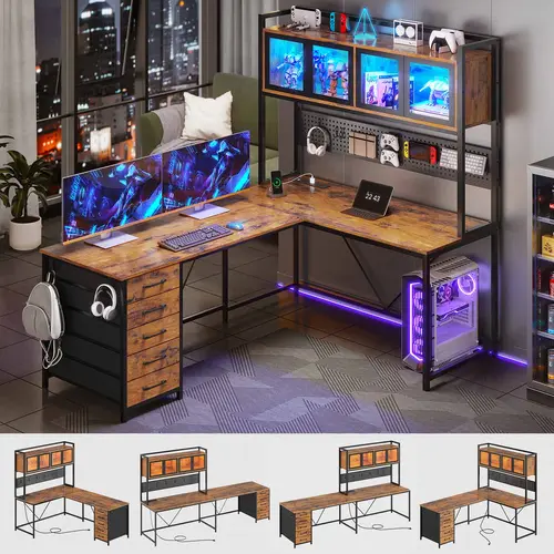 Sedeta L-Shaped Modern Wood Desk - 94.5" Long Wooden Desktop, LED Tabletop, Gaming PC Desk, Dual Monitor Mount Compatibility, Storage Drawers, Home Office Commercial Furniture