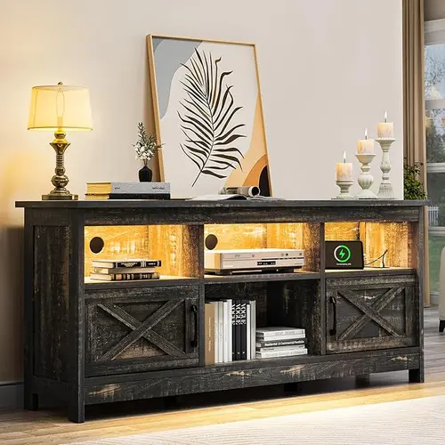 YITAHOME Stable Farmhouse Wooden TV Stand - Rectangle Single Unit, 4 Open Storage Compartments, Power Outlet, LED Light Media Console, Quick Setup, Dark Rustic Oak, 150x40x65 cm, Charging Station, Streamer Setup Living Room Indoor Furniture