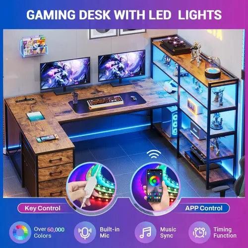 Sedeta 64.5 In L-Shaped LED Gaming Desk - Modern Wood & Metal Construction, App-Controlled LED, Adjustable Arm, Storage, Space-Saving Home Office Desk Built for Gaming, Streaming, and Work