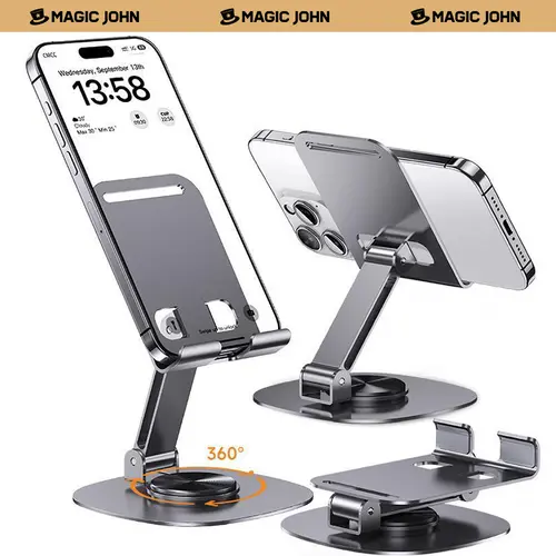 MAGIC JOHN 360-Degree Adjustable Silicone Mobile Phone Mount - Portable Ultra-Stable Alloy Foldable Stand for iPad, Electronics Accessories