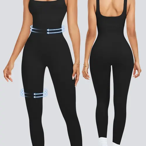 Women's Solid Square Neck Shapewear Jumpsuit, Casual Comfy Tummy Control Seamless Ribbed Jumpsuit for Daily Wear, Ladies Shapewear for All Seasons, Sporty Comfy Jumpsuit, Shaping Jumpsuit, Abdomen Control Jumpsuit, Square Neckline Jumpsuit