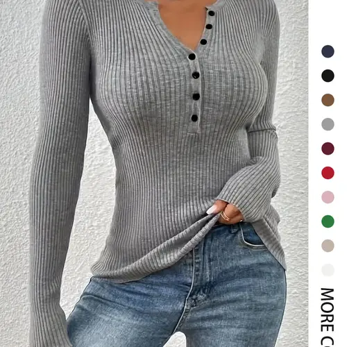 Women's Plain Button Front Ribbed Sweater Tops, 2025 Elegant Chic Slim Fit Long Sleeve Round Neck Jumper Tops for Spring, Fashion Ladies' Knitwear for Daily Wear, Slim Fit Sweater for Women, Sweaters for Women