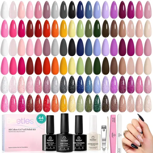 Beetles 36-Color Gel Nail Polish Set, Colorful Muse Collection with Base Coat, Glossy-Matte & Glitter Top Coats - Flower-Infused for DIY Nails at Home, Manicure, Friend & Women's Easter Gift