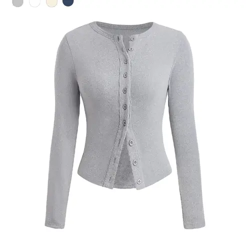 1 Pc Women Crew Neck Long Sleeve Cardigan Top, Button‑Front Cropped Blouse, Slim Fit Casual Layering Shirt For Daily Street Dating Occasions
