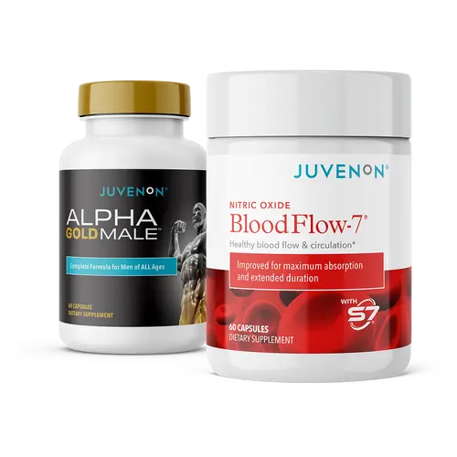 Juvenon Maximum Male System Dual-Pack Power Natural & Dietary Supplements – BloodFlow-7 Nitric Oxide Booster + Alpha Gold Testosterone Support, Enhanced Stamina, Trans-Resveratrol, 30-Day Supply, 2 Full-Size Bottles for Men, Natural Supplements