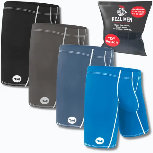 Nylon 9in Boxer Briefs ABCD Pouch 4pk Black/Dark Blue/Gray/Light Blue Spandex Stretchy Personalized Fabric Man Menswear Breathable Day Overall Multicolor Athletic Sportswear Activewear, Anti-Chafing Men's Boxer Briefs