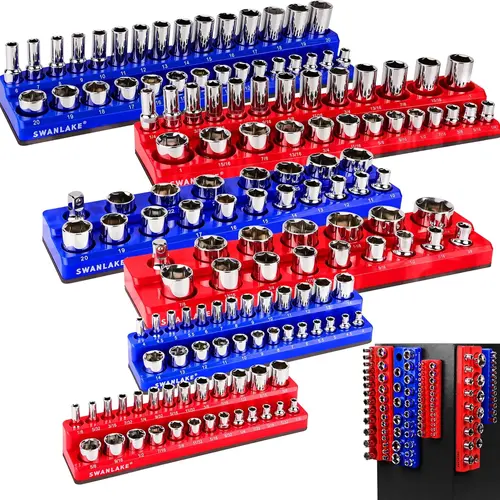 SWANLAKE 6-Piece Strong Magnet Socket Organizer Set for Mechanics, Fits 1/4"-1/2" SAE & Metric Sockets, 143-Slot Drive Trays, Soft Rubber Covering (Black Green), Garage Work Storage Tool Box Work Tools