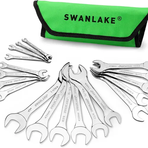 SWANLAKE 19Pcs Multifunctional Thin Profile Metal Wrench Set, Carbon Steel SAE (1/4"-1-1/16") & Metric (5.5mm-27mm) Open End Spanners with Rolling Pouch for Mechanics, Auto Repair & DIY Maintenance, Mechanic, Rolling Bag