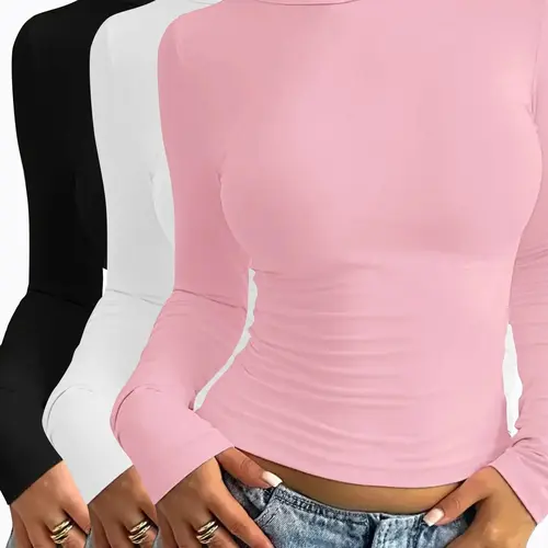 Women's Solid Long Sleeve Lounge Tops, Casual Comfy Knitted Fabric Round Neck T-shirt, Daily Nightwear, All Seasons Sleepwear, Blank T Shirt