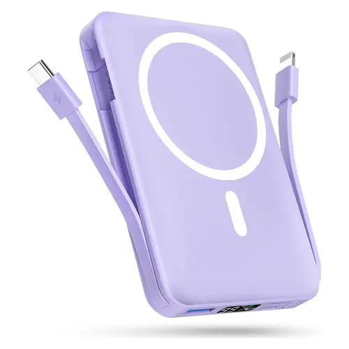 Podoru Multifunctional 10000mAh Durable Lithium Battery Magnetic Power Bank - 5-Port Silicone Portable Battery Powered Wireless MagSafe Charger with Built-in USB-C, Lightning Cables for iPhone 17/16/15/14/13/12 Series, Travel Device Accessory
