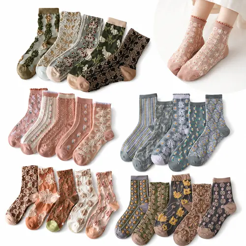 Women's 10-Pair Cotton Ankle Socks, Vintage Embroidered Floral Ruffled Casual Chic Lady Socks, Spring Comfortable Mother's Day Gift