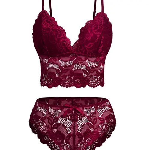 Two-Piece Set Women's Floral Lace Bra & Bow Decor Panty, Sexy Comfortable Breathable Everyday Medium Lingerie Set for Daily Wear, Underwear Set for Women Womenswear Bra Sets