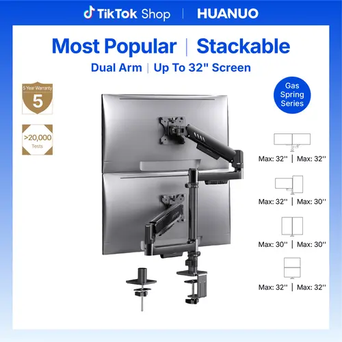 HUANUO Dual Monitor Arm - Adjustable Height Display Mount for Computer Desk, 13-32" Screen Support, 19.8 lbs per Arm, Anti-Slip Clamp, Cable Clips, Effortless Setup, Enhanced Stability, VESA 75x75mm/100x100mm Compatible, Black