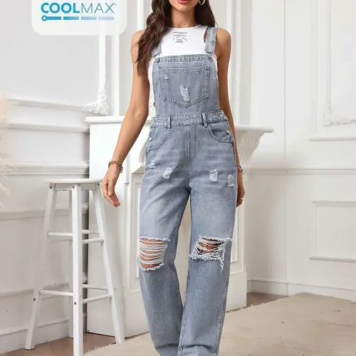 Women's Plain Pocket Ripped Denim Overall Jumpsuit, Casual Adjustable Strap Button Straight Leg Overalls for Daily Wear, Ladies Clothes for All Seasons, Casual Comfy Overalls, Casual Style Jumpsuit