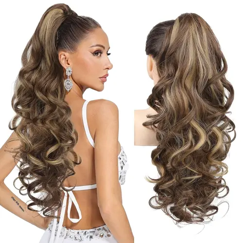 Women's 24" Soft Wavy Curly Claw Clip Ponytail - Fiber Synthetic Curls Clip-On Hairpieces, Volumizing Curly Pony Tails for Daily Use or Party Ponytail Hairstyles, Hair Extensions