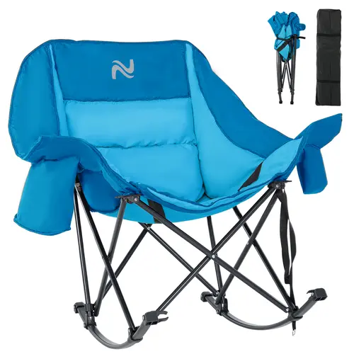 Naudacaa Oversized Oxford Fabric Rocking Camping Chair - 400lb Capacity, Fully Padded Foldable Outdoor Patio Recliner with Cooling Cooler Bag, Side Pocket, Portable for Camp, Backyard Relaxation