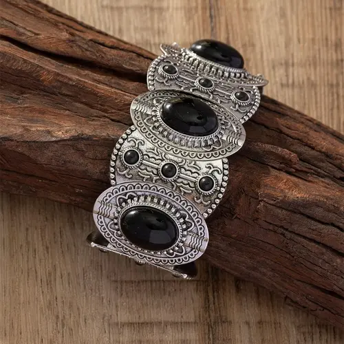 Vintage Fashion Black Turquoise Decorated Bangle, Boho Style Jewelry for Women & Men, Trendy All-match & Exquisite Jewelry for Birthday Gift, Boho Stone Bracelet, Pretty Bracelet, Boho Style Bangles, Bohemian Bracelets, Aesthetic Jewelry