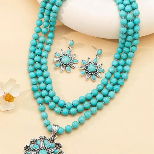 Boho Style Turquoise Texture Decorated Necklace and Dangle Earrings, Fashion Jewelry for Party, Daily Clothing Decor, Trendy All-match & Exquisite Jewelry for Birthday Gift