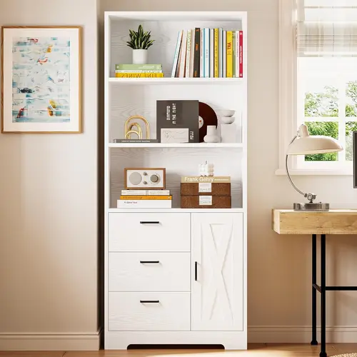 【71in w/Door & Drawers】 IRONCK Bookcase, Freestanding Bookshelf with 1 Door, 3 Drawers & 3-Tier Shelves, Minimalist Modern Versatile Storage Cupboard for Living Room, Kitchen, Dorm Essentials