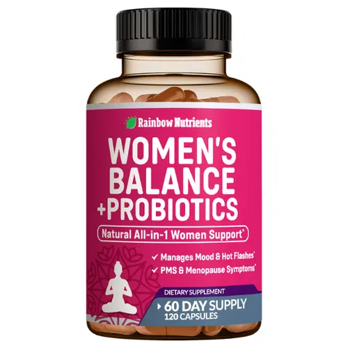 Rainbow Nutrients Women's Balance + Probiotics | All-in-1 Women Supplement for Daily Balance pH Flora & Hormonal Support | Natural Support for Mood, PMS & Menopause symptoms | 120 Vegan Capsules | Non-GMO, All Natural, USA Made