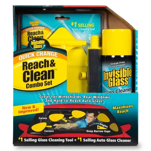 Invisible Glass 99031 Reach & Clean Windshield Cleaner Set, Car Cleaning Supplies with Premium Aerosol Auto Glass Cleaner, Reach Extender Handle, 2 Reusable Quick-Change Microfibers, and Storage Bag