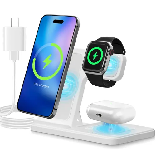 Foldable 3-in-1 Portable Compact Wireless Charger (18W Mag-Safe), Electronic Charging Station Accessories for iPhone 15/14 Pro Max/13/12/11, Wearable i-Watch 9/8/7/6/5/4/3/2/SE, AirPods 3/2/Pro & Android Phones