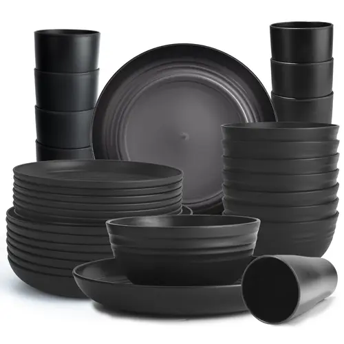 Sebastian CADIA Eco Wheat Straw 32-Piece Adult Tableware & Cutlery Set with Bowls - Sustainable, Shatterproof, Microwave-Safe, Dishwasher-Safe, Lightweight, Sleek Design Reusable Kitchen Supplies for Outdoor, Casual Dinners