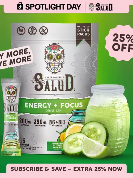 Salud 2-in-1 [Energy + Focus] Clean Energy Drink Mix, Agua Fresca,  Organic Caffeine, B6 & B12, L-Theanine, Drink Packets, Non-GMO, Gluten Free, Vegan, Low Calorie, 1g Sugar (15 Servings)