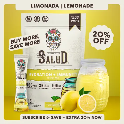 Salud 2-in-1 [Hydration + Immunity - Lemonade] Electrolytes Powder, Agua Fresca Drink Mix, Elderberry, Dairy & Soy Free, Non-GMO, Gluten Free, Vegan, Low Calorie, 1g Sugar (15 Servings)