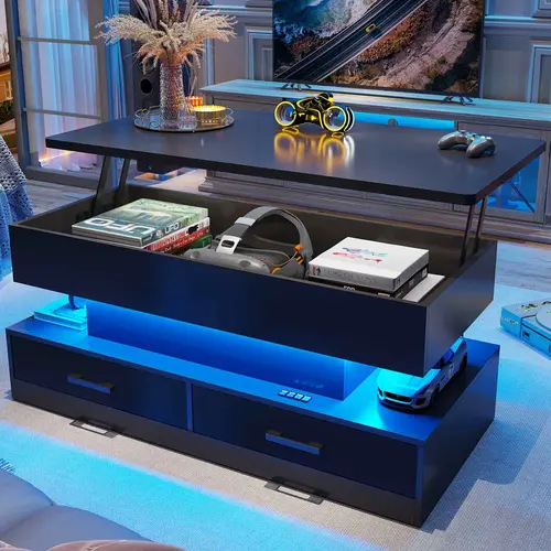 Sedeta 40-in All-Metal Faux Marble Modern Lift-Top Center Table - 2-in-1 Gaming Coffee Table with Tiltable Top, Height Adjustable Design, Drawers, LED Mood Glow, Hidden Storage, Eating Compatibility, Space-Saving Game Room Indoor Living Room Furniture