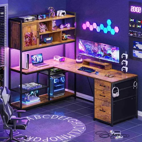 Sedeta 58 in L-Shaped Reversible Contemporary Wood Workstation - Metal Frame, Wooden Desktop, Storage Drawers, LED Lights, Dual Monitor, WFH Work From Home Setup, Commercial Furniture, Gaming Desk, Bedroom Use