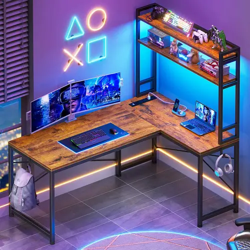 Sedeta Sturdy L-Shaped Computer Desk, 45.3x18.5in Metal Frame Office Furniture with Hutch, Reversible Home Office Gaming Desk, Monitor Shelf, LED Lights, Power Outlet, Modern Wood Interior Design, Sturdy Desks, Compact Adjustable Desks