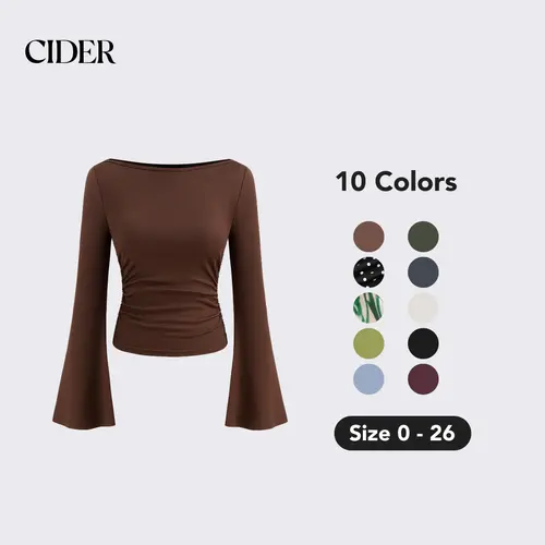 Cider Boat Neck Solid Ruched Long Sleeve Tee