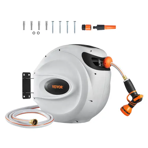 VEVOR Retractable Water Hose Reel, 100 ft x 1/2 in 3-layer PVC Hose Watering System, 180° Wall Swivel Wall-Mounted Reel with 9-Pattern Nozzle, Locks at Any Spot, Slow Return, Steel Spring Resists Long-Term Wear - Father's Day Gift