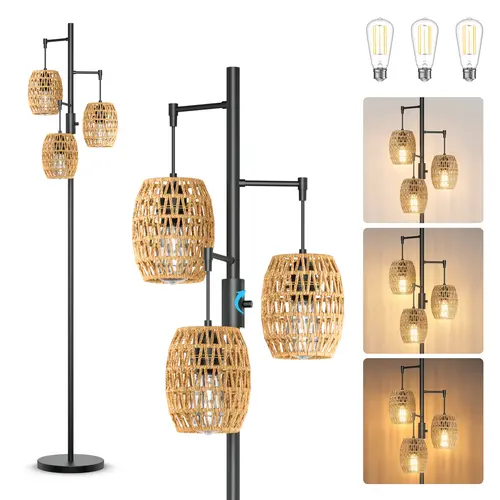 DEMILARE Ethereal Boho Coastal Farmhouse Rattan Metal Floor Lamp - 70in Dimmable Warm White 3-Light, Adjustable LEDs, 6W Each LED Lights, Shaded, for Bedrooms, Living Rooms, Home Makeover