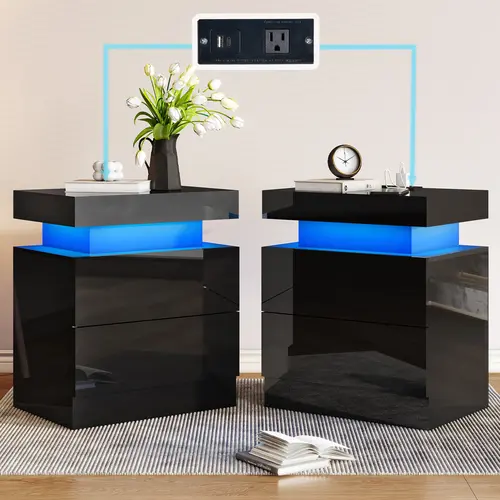 AMERLIFE High Gloss LED Nightstand Set of 2 with Charging Station, Modern Bedside Table Night Stand with LED Lights, Sofa End Side Tables with Drawers/Best Gift Ideas/Christmas Gifts[tiktokshopbacktoschool][SohoChic]