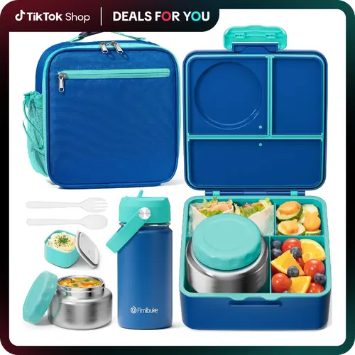 Fimibuke Bento Box, BPA Free & Leakproof Lunch Box Utensils & Sauce Jar, Dishwasher Safe 3 or 4 Compartment Container for School Girl & Boy