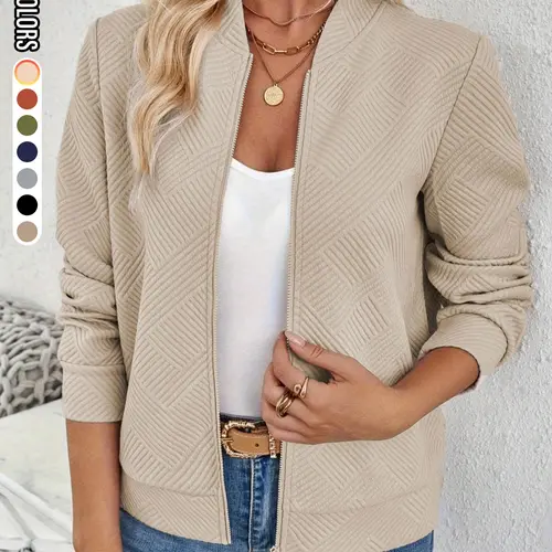 【Back to School Outfits】Women's Solid Textured Zip Up Jacket, Tops, Casual Long Sleeve Mock Neck Outerwear for Spring & Fall, Ladies Clothes for Daily Wear